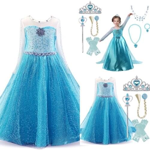 4-10 Y Blue Dress Halloween Dress Birthday Party Cosplay For Children Snow Princess Queen Up Ankle-Length Cute Style Dresses