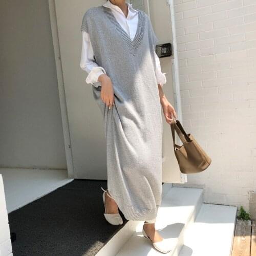 Long waistcoat over the knee Korean loose size T-shirt Bat Sleeve Sweater Dress 2020-1-10