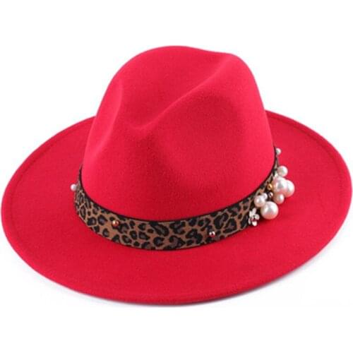 Women Panama Hat Vintage Style Wide Brim Felt Trilby Fedora Hat With Pearl Leopard Band Fedoras Hats For Ladies