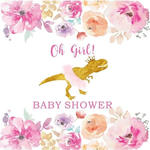 Oh Girl Baby Shower Backdrops Floral Pink Princess Golden Glittering Tyrannosaurus Crown Cute Dinosaur Photo Backgrounds Banners