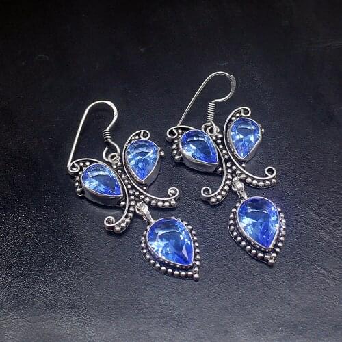 Gemstonefactory Big Promotion Single Unique 925 Silver Antique Ocean Green Topaz Women Ladies Gift Dangle Drop Earrings 20211782