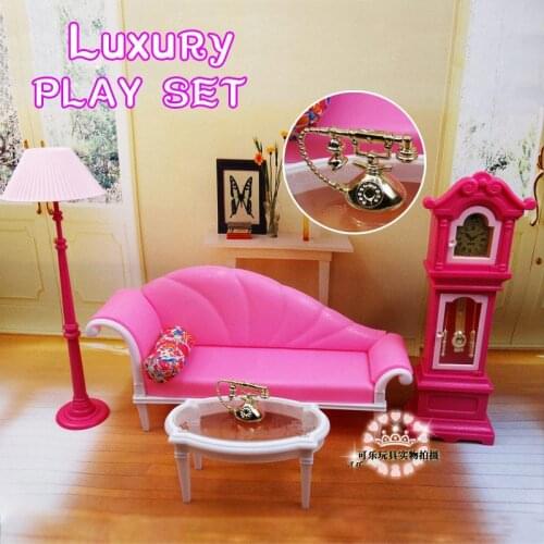 Toy For Barbie Doll furniture Accessories Living Room Sofa Coffee Table Foor Lamp Fixed Telephone Clock Pretend Gift Girl DIY