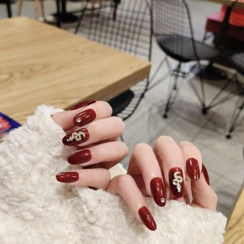 24pcs Red Oval Ballet Fake Nail Tips Artificial Jewelry Snake Decoration Nail Art Wearing Waterproof French Women False Nails
