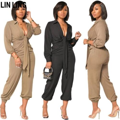 LINLING Elegant Womens Solid Color Lapel Fold Bandage Elastic Leg Jumpsuit Night Club Fashion Clothing