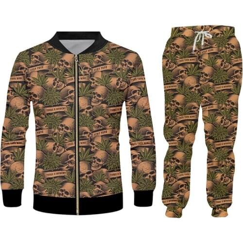 IFPD Mens Sets Fall Winter Oversize 3D Skull Weed Printed Jacket And Jogger Pants Tracksuit Hip Hop Dropshipping Streetwear 6XL