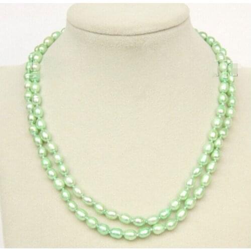 Wholesale 16-17" 2row 9mm rice green pearls necklace plated clasp j9959