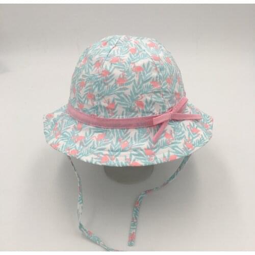 Girls Lovely Cute Wide Brim Summer Spring Sun Bucket Hat Pink Bow Flamingo &Leaf Printing Outdoor 100%cotton Accessories