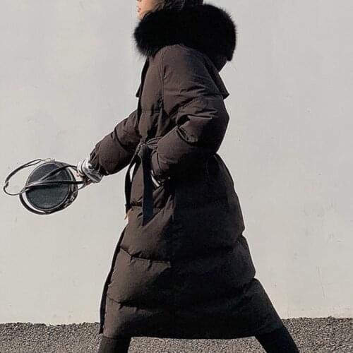 Down Jacket Womens Korean Big Real Fur Collar Hooded Over Knee Thickened Slim Elegant Office Lady Warm Parker Winter Coat