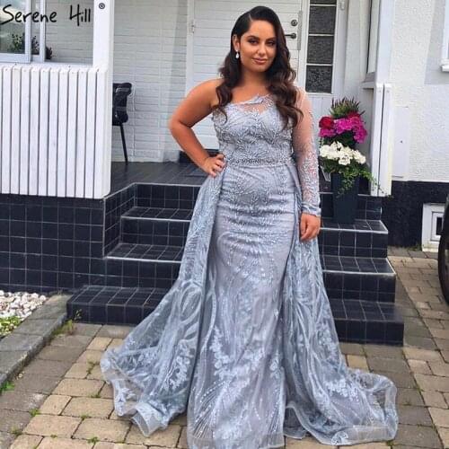 Serene Hill Grey One Shoulder Evening Dress 2020 Dubai Mermaid Beading Sparkle Formal Party Wear Gown CLA70749
