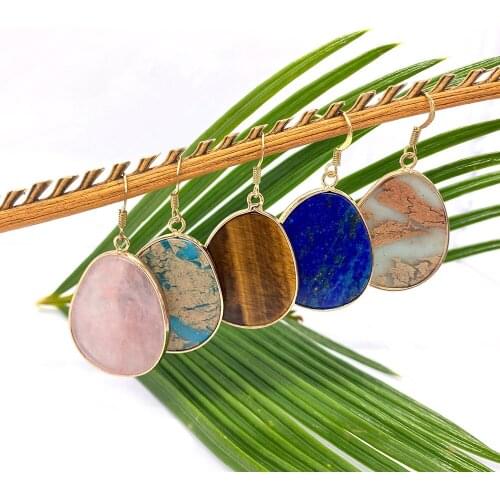 Earrings for Women Turquoise Tiger Eye Stone Lapis Lazuli Powder Crystal Edging Five-color Retro Style Fashion Jewelry 2021