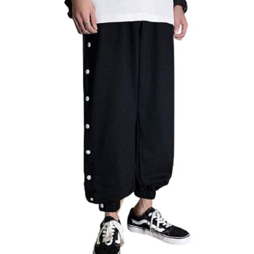 Side Full-Open Loose-Fitting Sports Elasticity Trousers Mens Button-Decorated Cotton Wide-Leg Pants Basketball Pants