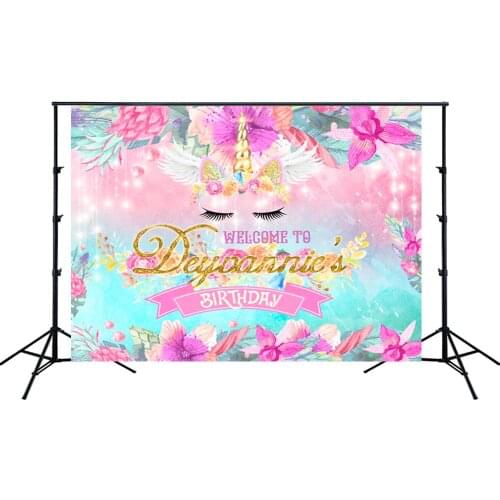 Unicorn Themed Backdrop Welcome To My Birthday Party Banner Glitter Floral Photo Background Cake Table Scene Setter Wall Poster