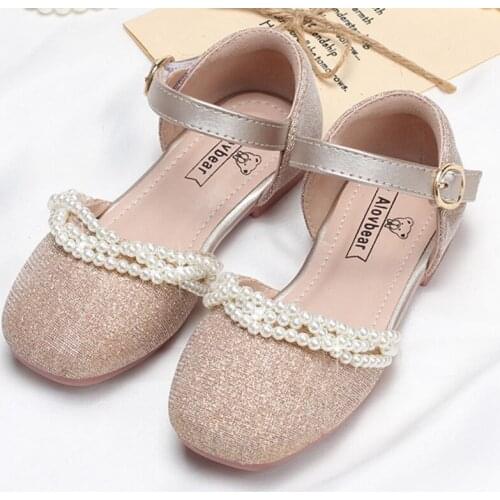 Mary Jane Princess Beaded Shoes Little Girls Birthday Party Gold Shoes Flower Girls Sandals for Wedding Summer Silver White Kids