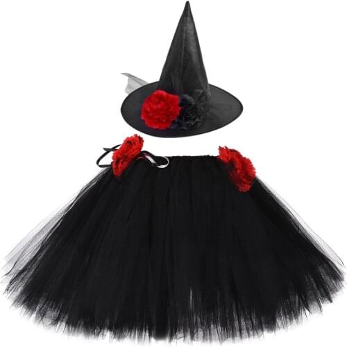 Witch Girls Tutu Skirt with Hat Outfit Black&Red Halloween Carnival Party Witch Tutu Costume for Kids Girls Flowers Tulle Skirt
