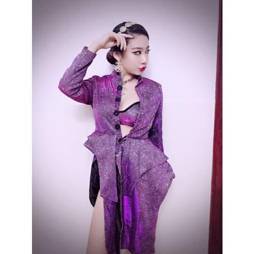 Women New Female DS DJ Symphony Glitter Irregular Suit Jacket Jazz Lead Dance Costume Stage Performance Party Celebration Set