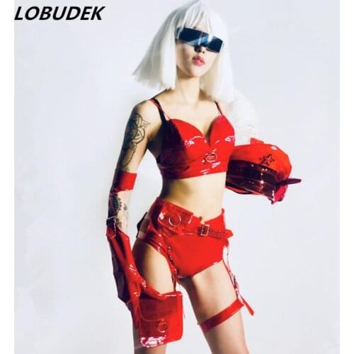 Women Jazz Dance Team Performance Clothes Red PU Leather Bikini Hat Set Bar Nightclub Singer Dancer Show Concert Tour Stage Wear