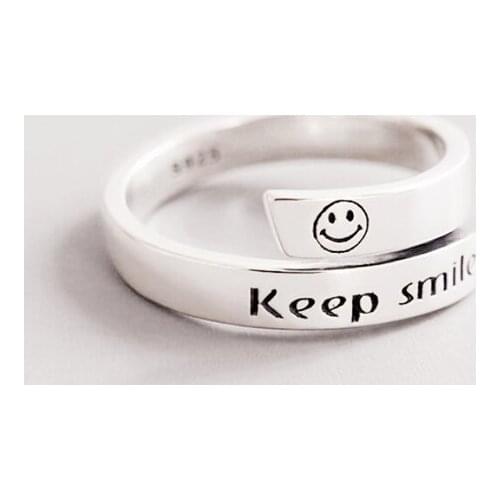 Sole Memory Retro Smiley Double Layer Letters 925 Sterling Silver Female Resizable Opening Rings SRI583
