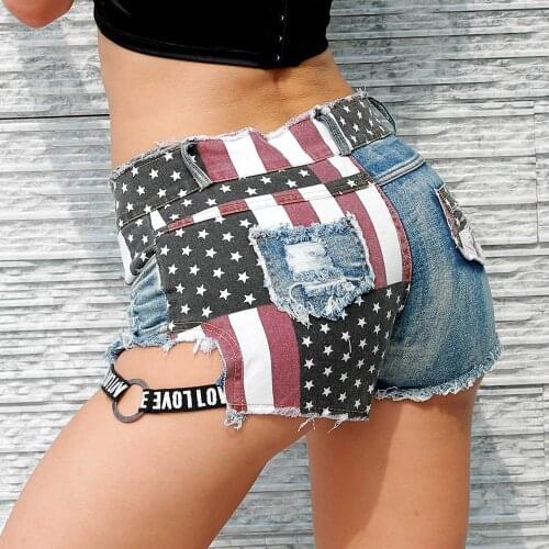 New 2020 Sexy Womens High Waist Hole Daisy Duke Ripped Denim Shorts American Flag Printed Denim Thong Shorts