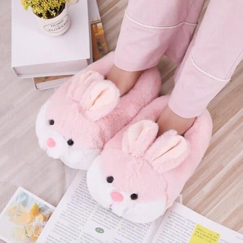 Hot4 Women Winter Slippers Cute Pink Bunny Cartoon Design Warm Home Plush Head Silent Indoor Floor Adult Girl Lady House Shoes