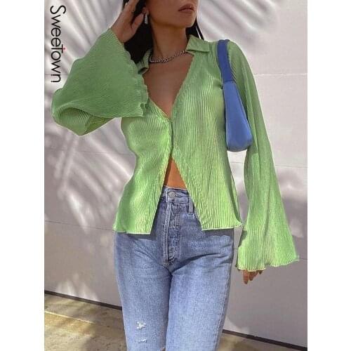 Sweetown Green Single Breasted Polo-Neck Casual Tops & Blouses Women Button Up Flare Long Sleeve Elegant Autumn Cardigan Shirts