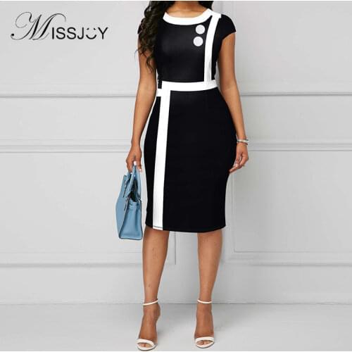 MISSJOY Womens round neck white button stitching contrast color slim mid-length black pencil short-sleeved hip dress