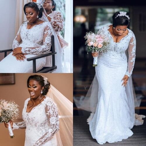 2021 Plus Size Wedding Dresses Lace Crystal Beads Mermaid Bridal Gowns V Neck Long Sleeve Elegant robes de mariée