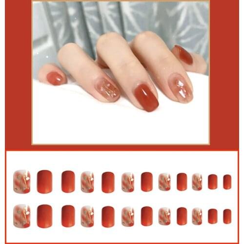 24Pcs/box Ballerina Short False Nails with Jelly Glue Gold Foil Shell Blooming Fake Nails DIY Nail Decoration