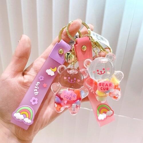 New Creative Liquid Quicksand Oil Chubby Bear Keychain Cute Floating Colorful Balloons Keyring Girl Bag Pendant Jewelry Gifts