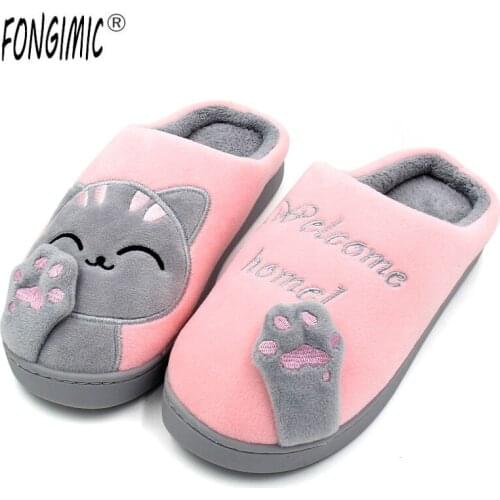 Women Winter Home Slippers Cartoon Cat Shoes Non-Slip Soft Indoor Slippers Bedroom Female And Male Couples Plush Cotton Shoes