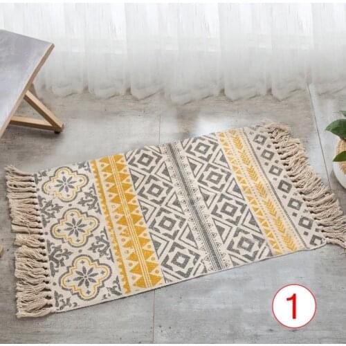 Retro Hand Woven Cotton Linen Carpet Rug Bedside Rug Geometric Floor Mat Living Room Bedroom Carpet Home Decor