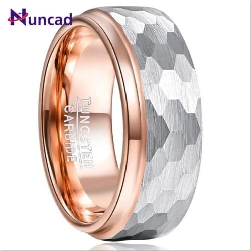 2019 8mm Wide Tungsten Carbide Ring Side Step Rose Gold Plating Surface Hammered Tungsten Steel Ring