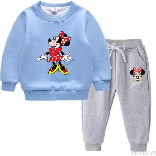 Disney Minnie Cartoon boys and girls clothing set Childrens warm sweatshirt + pants casual childrens sportswear set