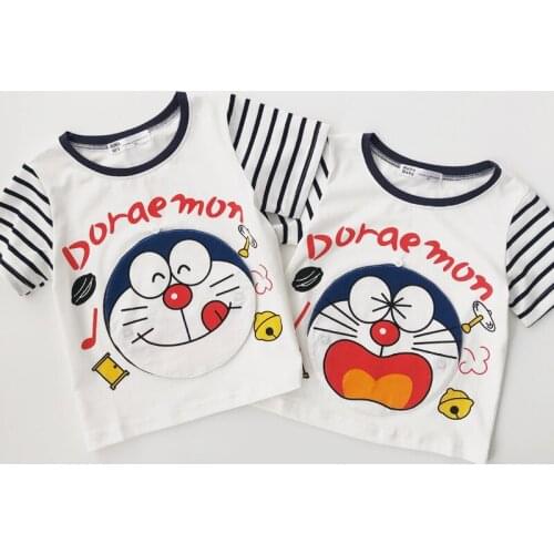 Tonytaobaby Summer New Boys and Girls Creative Stripe Contrast Sleeve Short Sleeve T-shirt