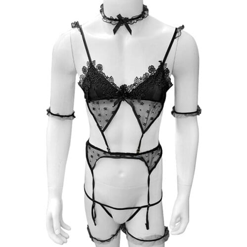Mens Sissy Lingerie Sets with Garters Arm Ring Frilly Exotic Bodysuit Neck Lace See-Through Nightwear Sleepwear Leotard