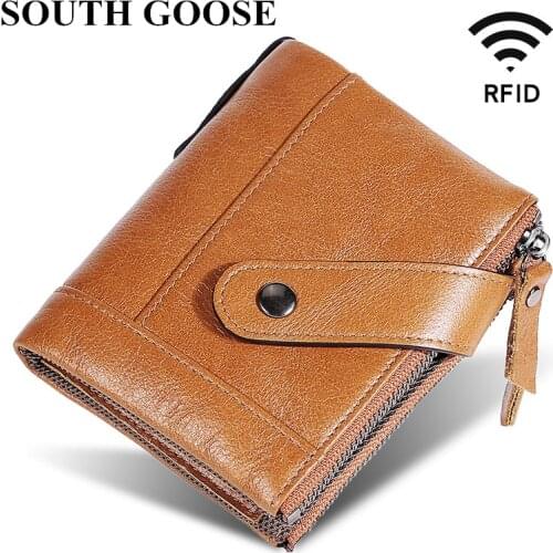 Cowhide Genuine Leather Men Wallets Top Quality Short Double Zipper&Hasp Purse Male RFID Card Holder Slim Wallet Coin Pocket