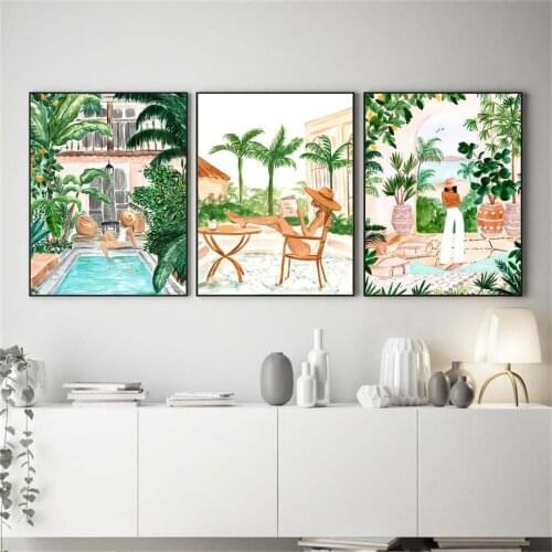 Mural Canvas Painting Poster Beach Swimming Pool Morocco Tropical Jungle Swing Grass Woodcut Living Room Decoration Painting