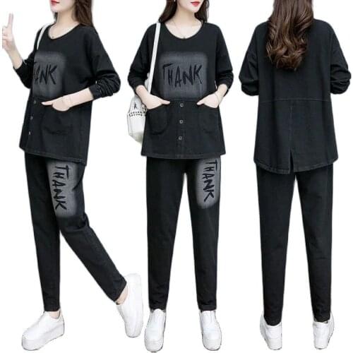 New 2021 Hot Ladies Autumn Suit Denim Elasticated Trousers Suit Mid Long Women Cowgirl Suit Casual Denim Female Two-Piece Suit