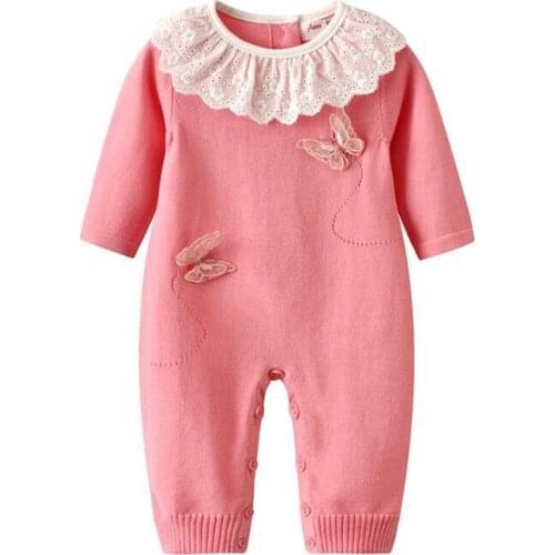 Autumn New Baby Girls Pink Color Knit Long Sleeve Romper