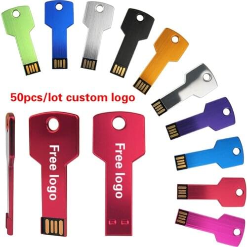 Wholesale 50pcs/lot Free Logo USB Stick 2.0 Usb Flash Drive Metal Waterproof Key Pendrive 4GB 8G 16GB 32GB 64GB Promotional Gift