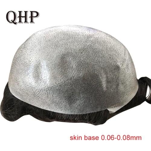Toupee Men Wig Handmade Replacement Systems PU Transparent Thin Skin 0.06-0.08mm Indian Natural Remy Hair 6inch