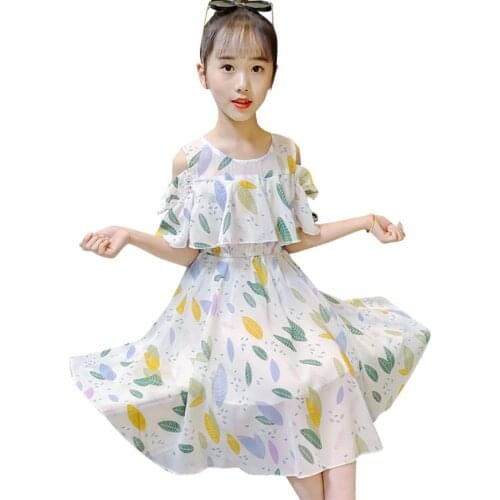 Dresses For Girls Leaf Pattern Girl Party Dress Summer Child Dress Casual Style Girls Clothing 6 8 10 12 14