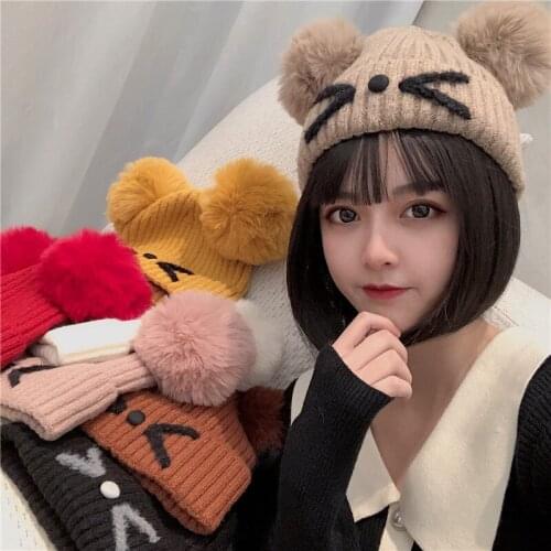 Girls Student Trendy Winter Autumn Woolen Caps Velvet ,Ladies Warm Knitted Hat KR Version Of Kawaii Cat Double Hairy Ball Hood