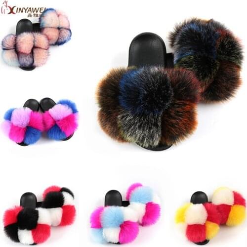 Fur Slippers Women Real Fox Fur Slides And Faux Fur Slides For Women pompom fur slippers