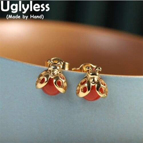 Uglyless Lovely Ladybug Studs Earrings for Women Natural Agate Handmade Insects Earrings Real 925 Silver Brincos Jewelry E1463