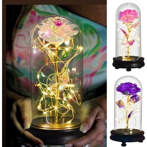 Galaxy Rose Eternal Gold Foil Flowers In Glass Dome with LED Light Gifts for Valentine Mothers Day Wedding Decor Dropshipping