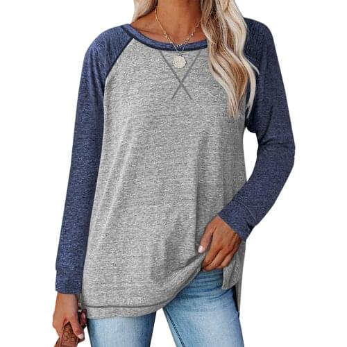 Women Color Block T-shirt, Adults Long Sleeve Round Neck Cross Pullover (Light Grey, Dark Grey, Green, White)