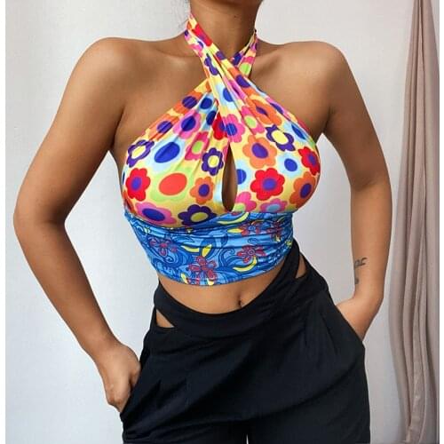 Autumn Halter V-Neck Camisole Tank Top Women T-shirt 2021 Y2K Sexy Backless Tee Shirt Femme Floral Patchwork T-shirts Woman