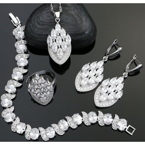 925 Sterling Silver Bridal Jewelry Sets For Women White Cubic Zirconia Crystal Earrings/Ring/Bracelet/Necklace/Pendant Set