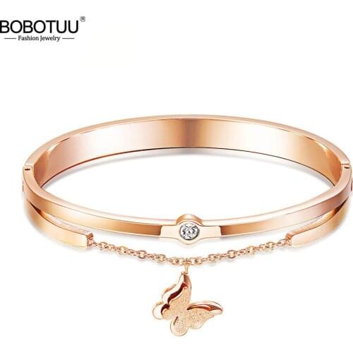 BOBOTUU Brand Female Women Stainless Steel CZ Crystal Bracelet Bangle Butterfly Charm Rose Gold Color Fashion Jewelry BB17076