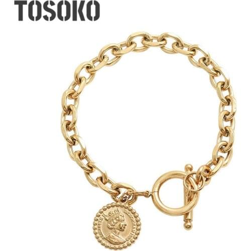 TOSOKO Stainless Steel Jewelry Hollowed Out Thick Chain Queen OT Button Chain Hip Hop Bracelet For Women BSE172